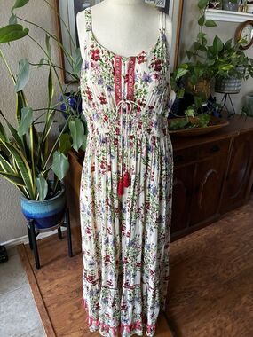 Anthropologie Maxi Floral Cottage Peasant Smocked Resort Boho XL Pink White